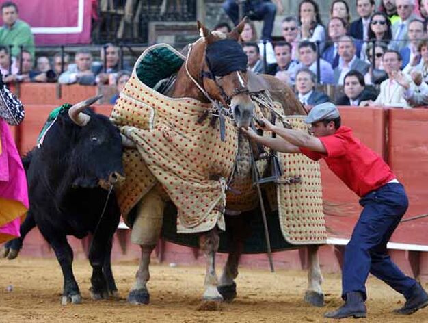Un caballo es ayudado ante la embestida por parte de un toro.

Foto: Juan Carlos Mu&ntilde;oz