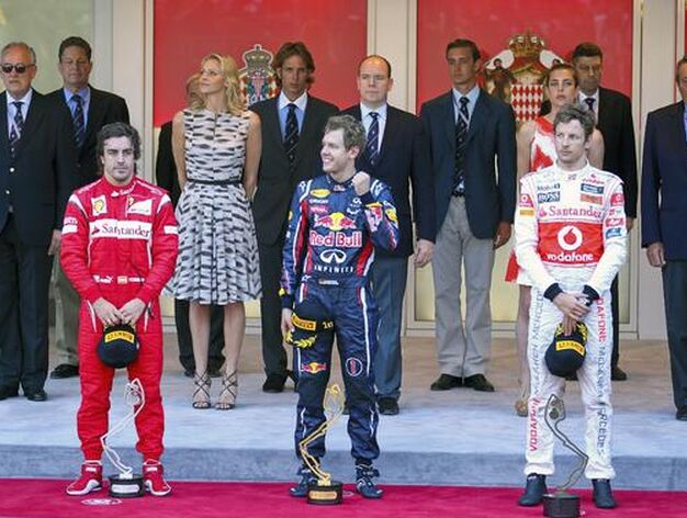 El podio del Gran Premio de M&oacute;naco, con Sebastian Vettel primero, Fernando Alonso segundo y Jenson Button tercero.

Foto: EFE