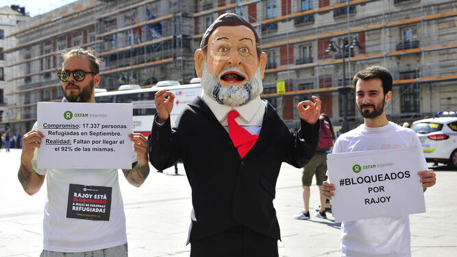 Cabezudo del presidente del Ejecutivo, Mariano Rajoy, hoy en la Puerta del Sol.