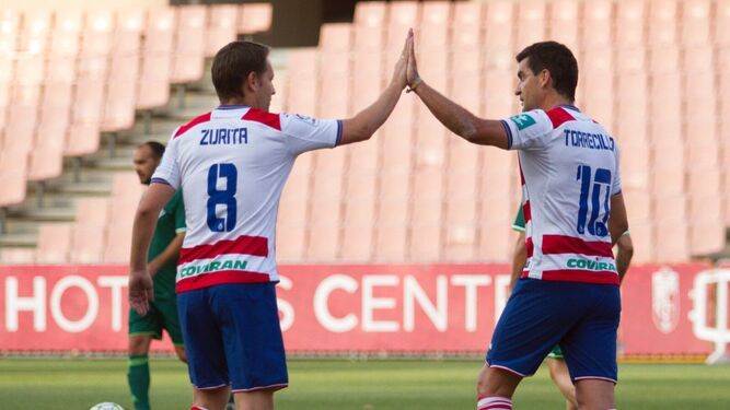 Zurita y Torrecilla se chocan la mano tras un gol.