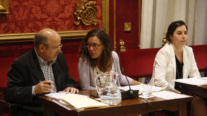 Luis de Haro y Pilar Rivas charlan en el pleno de ayer. Marta Gutiérrez, muy seria, al fondo.
