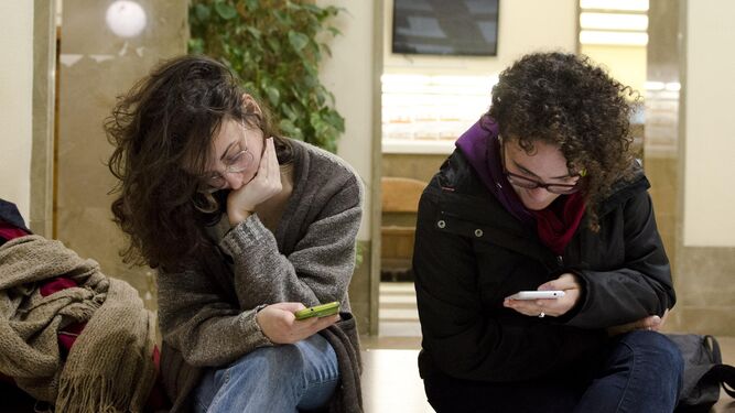 Estudiantes consultan su móvil a las puertas de la Facultad.