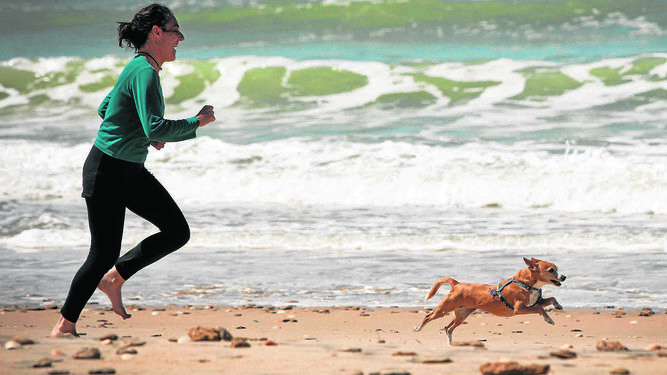 Una mujer juega con su perro en la playa.