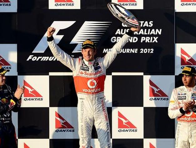 EL podio del GP de Australia, con Jenson Button primero, Sebastian Vettel segundo y Lewis Hamilton tercero.

Foto: AFP Photo