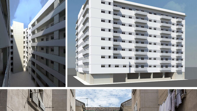 La imagen del nuevo bloque de Santa Adela y la situación actual en la que están las viviendas.
