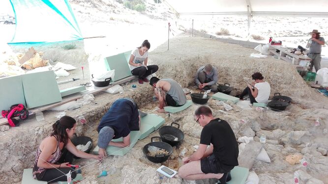 El grupo de investigadores, coordinado por la UGR, trabaja sobre el terreno en uno de los yacimientos de Orce tomando muestras.