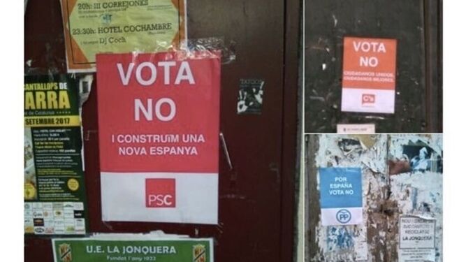 Carteles falsos de C's, PSC y PP animando a Votar 'no'.