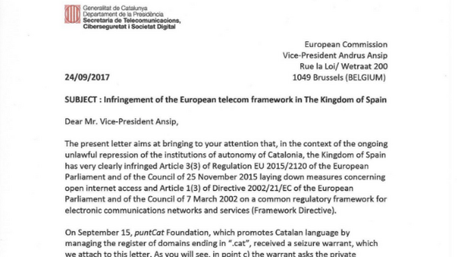 Fragmento de la carta que el 'Govern' ha enviado al comisario europeo de TIC.