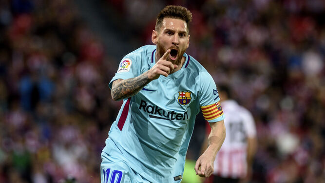 Messi celebra su gol en el Nuevo San Mamés.
