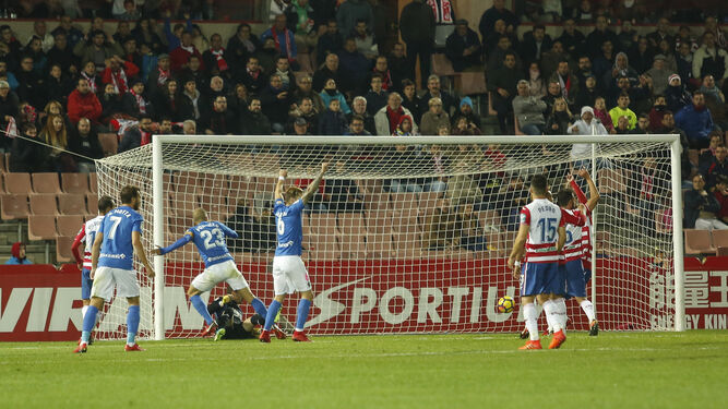 Los almerienses celebran uno de los goles marcados en la primera vuelta en Granada.