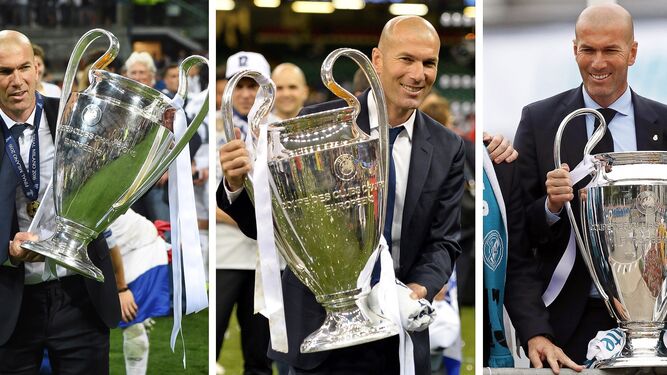 Zidane, con las tres Copas de Europa.