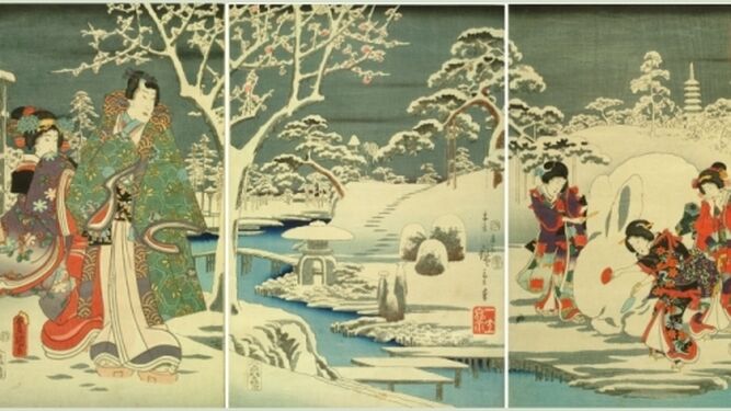 Tríptico con escenas de 'La historia de Genji' (s. XI) de Murasaki Shikibu.