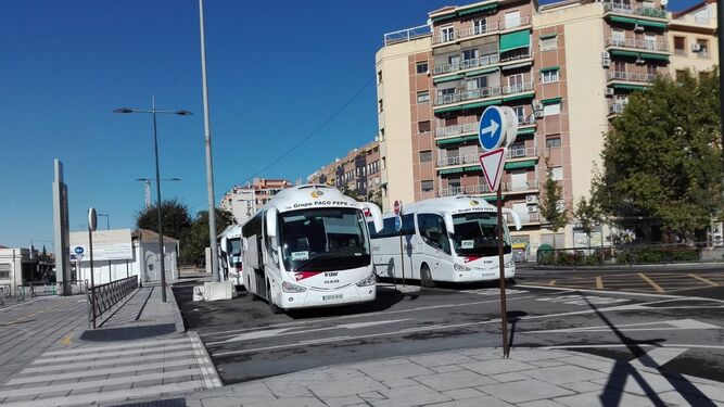 Varios autobuses aguardan pasajeros en la Estación de Granada