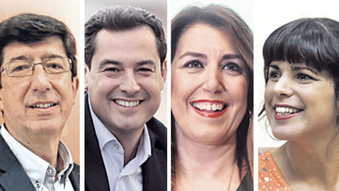 Juan Marín, Juanma Moreno, Susana Díaz y Teresa Rodríguez, candidatos a presidir Andalucía.