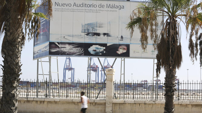 Cartel anunciador de la Construcción del Auditorio en el Muelle de San Andrés.