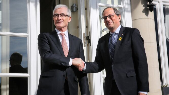 Los presidentes de Flandes, Geert Bourgeois, y de la Generalitat, Quim Torra, este lunes en Bruselas.