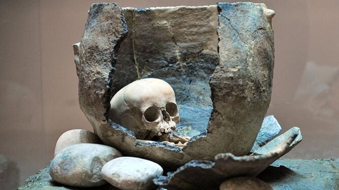 Una urna funeraria con un esqueleto infantil de la Edad de Bronce.