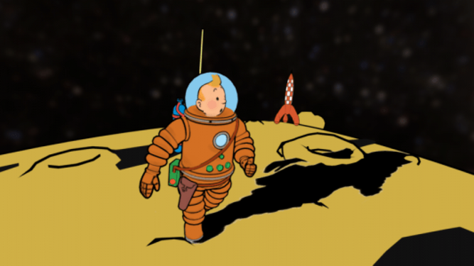 Tintin caminando por la Luna en una de las viñetas de Hergé.