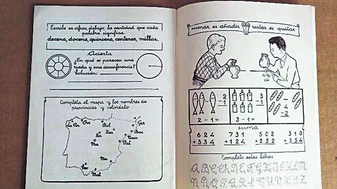 Cuaderno de deberes vacacionales de 1964 (ya que no te vas ni a Málaga ni a Valencia, porque no te llega con lo de la hucha, consuélate completando sus nombres y coloreando el mapa).
