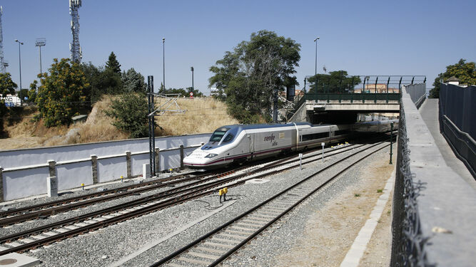 Un tren AVE procedente de Madrid, a su entrada en Granada bajo Camino de Ronda