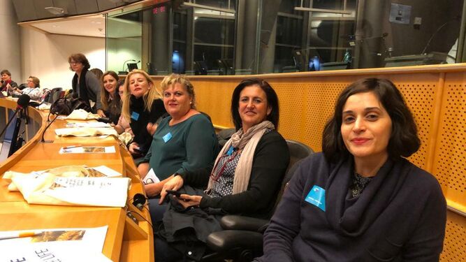 La delegación andaluza con cuatro agricultoras almerienses y una cordobesa, ayer en el Parlamento Europeo.