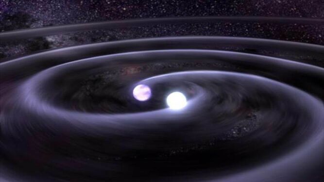 Concepción artística de dos estrellas enanas blancas en órbita, que muestran esquemáticamente que irradian ondas gravitacionales mientras se orbitan entre sí. Crédito: Tod Strohmayer (GSFC), CXC, NASA, Ilustración: Dana Berry (CXC)