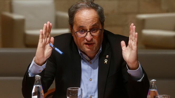 El presidente de la Generalitat, Quim Torra, durante una reunión con los 'consellers' de los departamentos implicados en la gestión de los efectos del 'Gloria', el pasado 22 de enero.