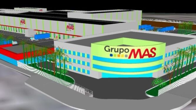 Recreación virtual del nuevo centro logístico del Grupo MAS en el Polígono Industrial El Esparragal.