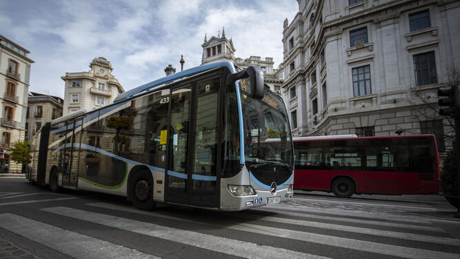 Dos autobuses urbanos de Granada, en primer plano el ‘4’, línea básica para los hospitales, circulan por Puerta Real