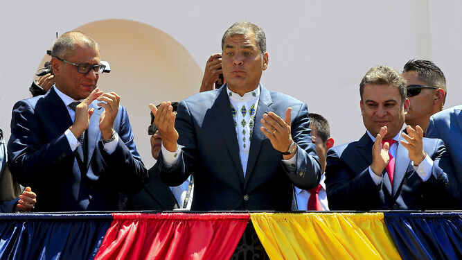 El ex presidente de Ecuador Rafael Correa durante una ceremonia de cambio de guardia presidencial en el Palacio de Carondelet, en Quito, en mayo de 2019.
