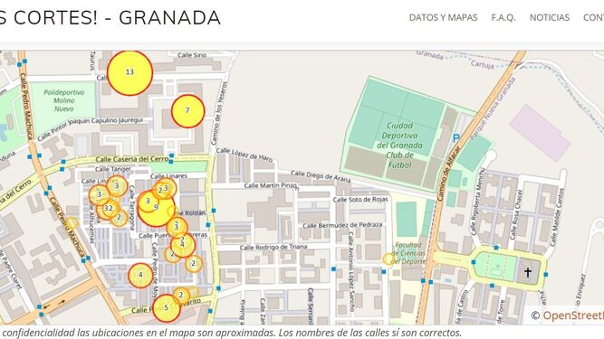 El mapa de los cortes de luz diarios en la zona Norte de Granada