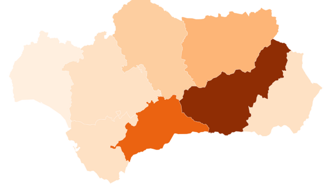 Incidencia acumulada del coronavirus por provincias en Andalucía: más oscuro, mayor tasa.