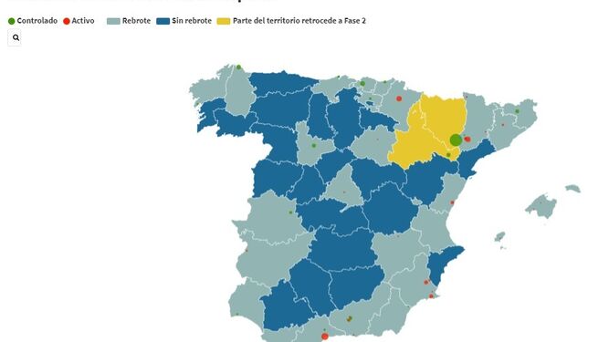 Mapa de rebrotes por coronavirus en España
