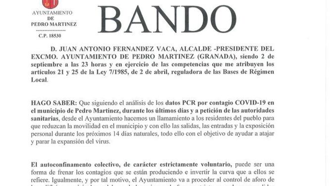 Pedro Martínez se suma a la lista de pueblos de Granada que se autoconfinan por el coronavirus