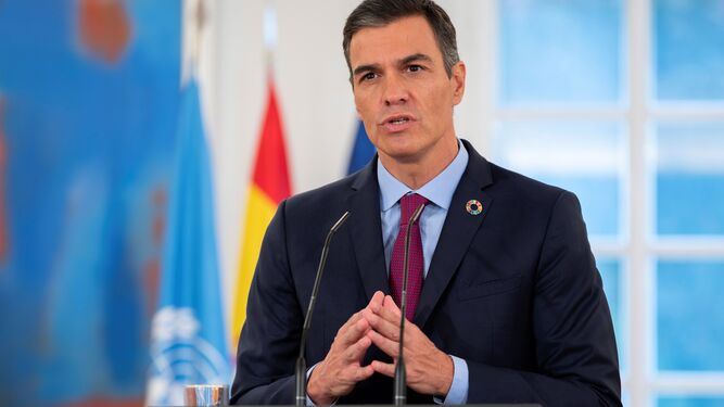 El presidente del Gobierno, Pedro Sánchez, durante su llamada a la unidad ante la Asamblea General de la ONU este viernes desde Moncloa.