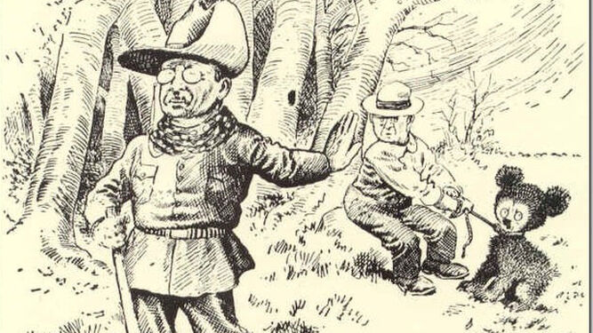 Theodore Roosevelt, en una caricatura que se publicó en el Washington Post tras una cacería en Mississippi, en el pueblo de Onward