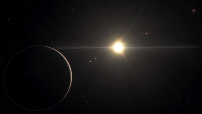 Representación artística que muestra la vista desde el planeta del sistema TOI-178, que tiene la órbita más alejada de la estrella.