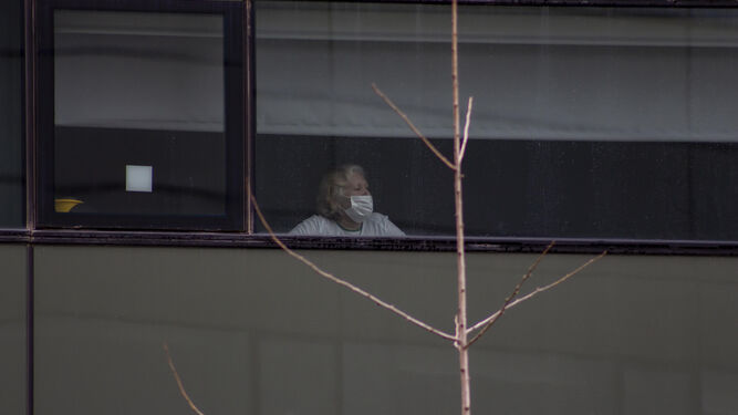 Una mujer mira al exterior de su habitación en el Hospital San Cecilio