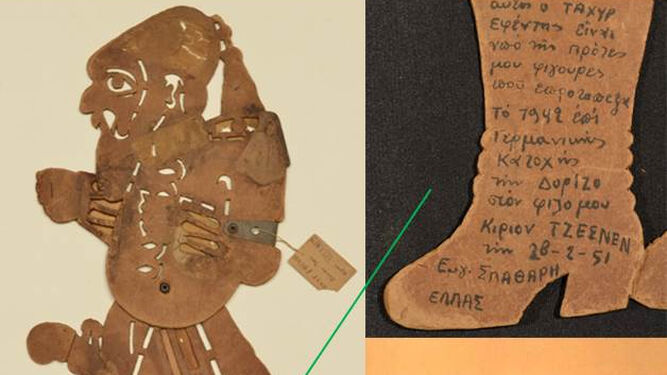 Una imagen del ejemplar de títere y las inscripciones que tiene detrás