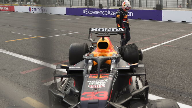 Verstappen pasa junto a la rueda trasera izquierda que ocasionó su accidente.