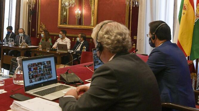 El alcalde de Granada, de espaldas, y la bancada de ediles del PSOE durante el pleno.