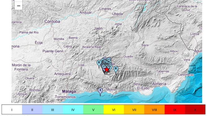 Mapa de intensidades del terremoto de anoche en Granada.