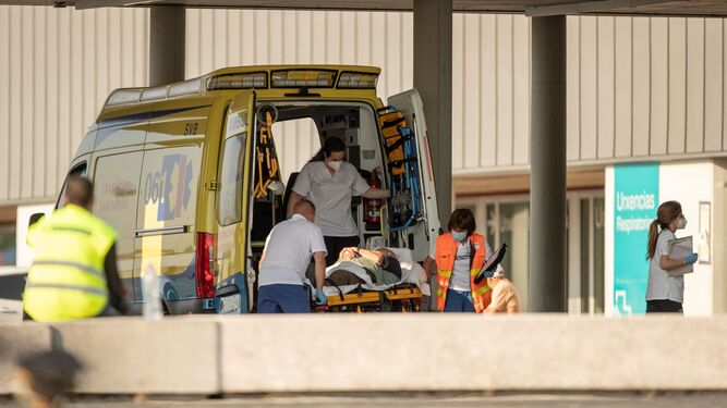 Llegada de una ambulancia a urgencias con un paciente covid.
