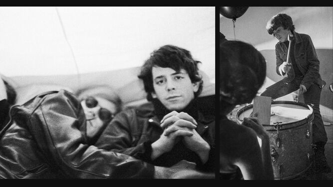 Andy Warhol y Lou Reed comparten pantalla partida con la baterista Maureen Tucker.