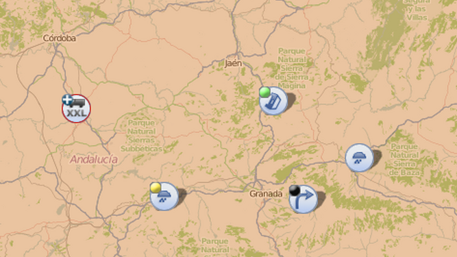 Mapa de la DGT con las incidencias en las carreteras de Granada.