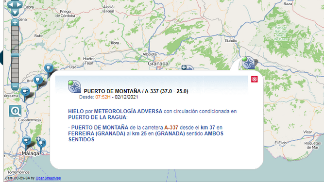 La DGT advierte del riesgo de hielo en el puerto de La Ragua en Granada