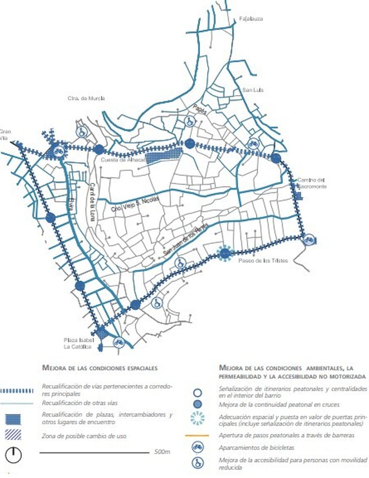 Mapa de infraestructuras y movilidad en el Albaicín.