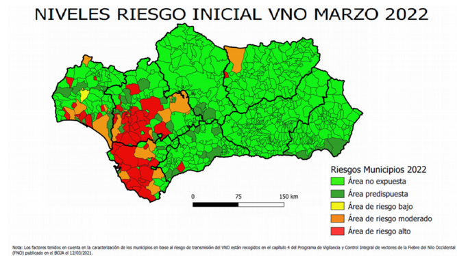Mapa de riesgos del virus del Nilo en Andalucía
