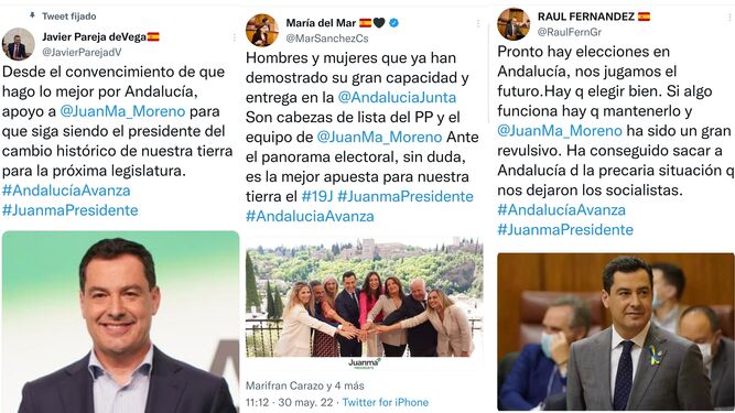 Tuits de varios ex diputados de Ciudadanos pidiendo el apoyo para Juanma Moreno en las elecciones andaluzas