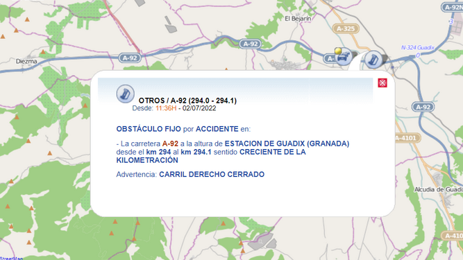 Aviso de la DGT sobre el accidente de tráfico en la A92.